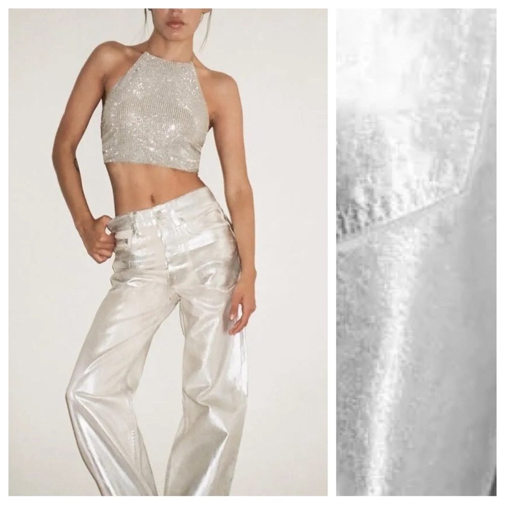 NWT. Zara Silver Relaxed Fit Straight Leg Mid Rise Boyfriend Jeans. Size 0. - Picture 2 of 9
